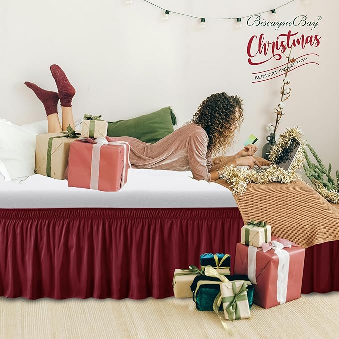 Biscaynebay Wrap Around Bed Skirts for Full & Full XL Beds 15" Drop, Burgundy Adjustable Elastic Dust Ruffles Easy Fit Wrinkle & Fade Resistant Silky Luxurious Fabric Machine Washable