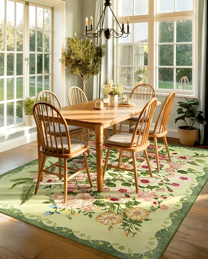 AREAMAY Floral Washable 5x7 Area Rugs - Living Room Rug Non Slip Low Pile Stain Resistant Carpets Indoor Vintage Flower Print Rug for Bedroom Dining Room Kitchen Home Office Green