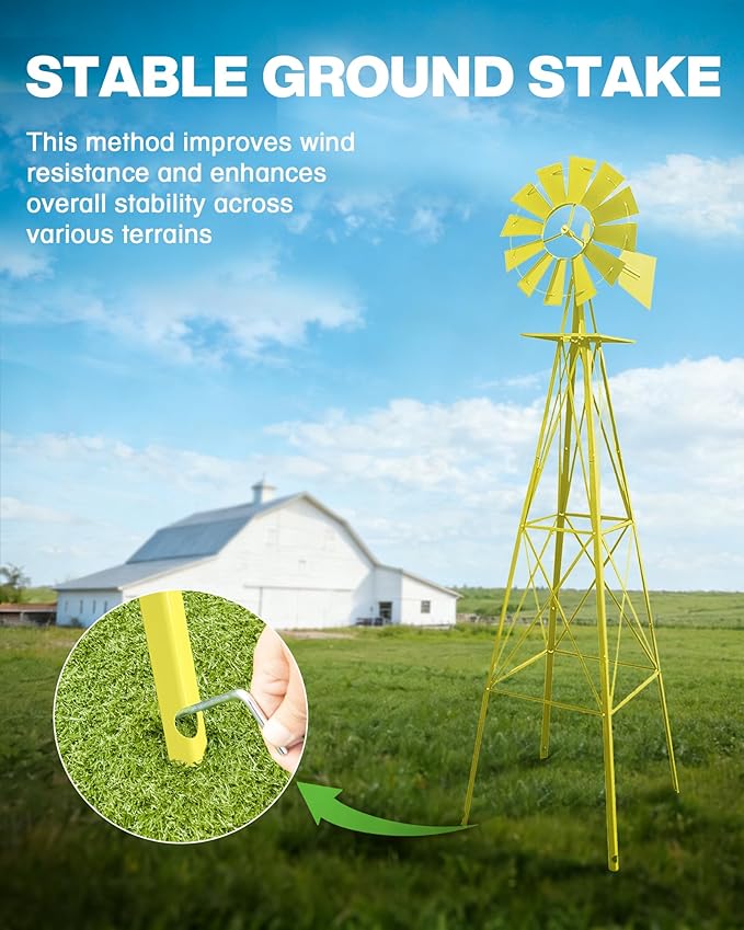 8FT Windmill for Yard Garden Decoration with Weather Vanes，Heavy Duty Outdoor Wind Mills, Large Metal Outdoor Windmill,Weather Resistant,Yellow