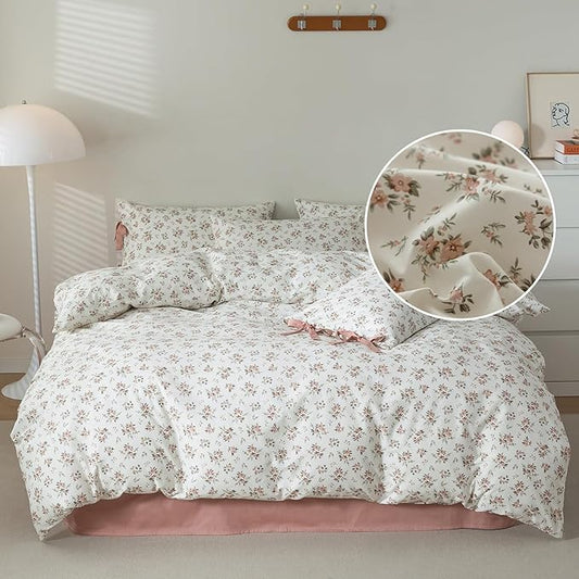 Pink White Duvet Cover Full Floral Print Blush Pink Flower Duvet Cover with 2 Bow Ties Pillowcases 100% Cotton Girls Cottagecore Bedding Set Vintage Country Botanical Floral Comforter Cover Full Size