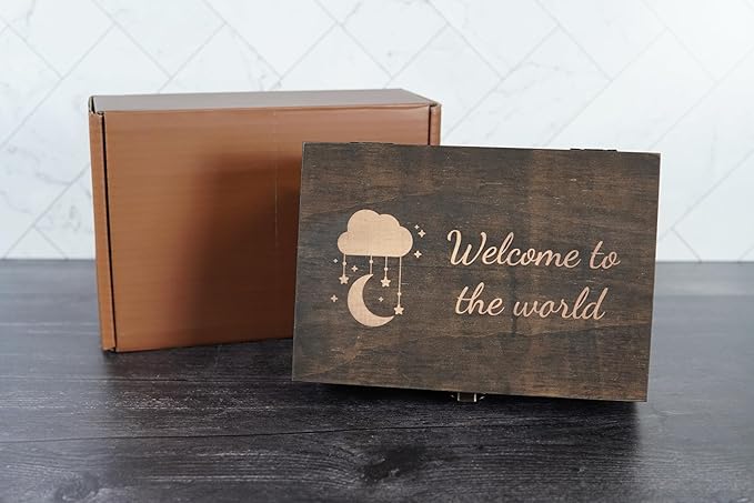 Engraved Baby Memory Box – Wooden Keepsake Box for Newborn Milestones, First Tooth, Hospital Bracelet – Medium Size – Dark Walnut Finish – 8.5 x 6 x 3 in