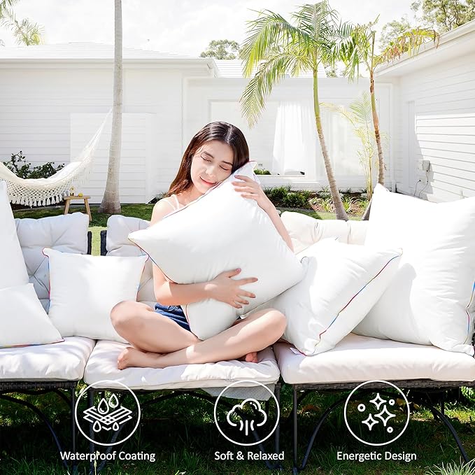 LEBO 24 x 24 Outdoor Waterproof Pillow Inserts - TPU Coated, Soft Fluffy Down Alternative Decorative Pillows for Patio Couch Sofa - White, Pack of 2
