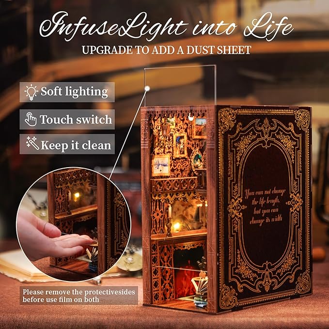 Cutefun Book Nook Library Kit, DIY Miniature Dollhouse Booknook Kits for Adults Teens, 3D Wooden Puzzle Bookend Bookshelf with LED Light & Dust Cover (Eternal Bookstore)