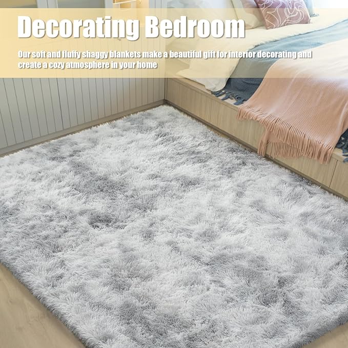 Shag Area Rug for Bedroom 5x8,Tie-Dyed Grey Fluffy Area Rugs for Living Room,Soft Fuzzy Rug Non-Shedding Indoor Plush Carpet for Kids Bedroom Nursery Dorm Home Decor