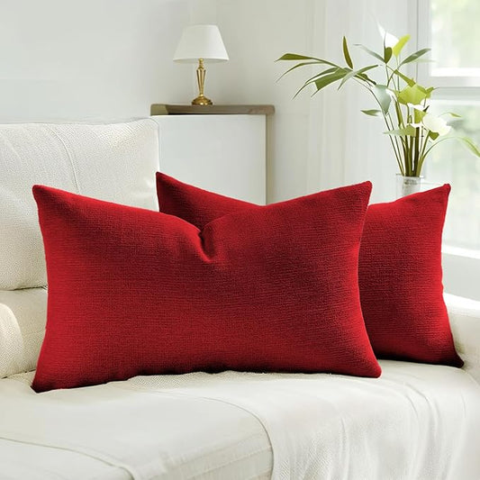 HAUSSY Red Throw Pillow Covers 12x20 Inch Set of 2,Boho Decorative Faux Linen Lumber Throw Pillows Cozy Farmhouse Accent Cushion Covers,Home Decor for Couch Sofa Bed Living Room