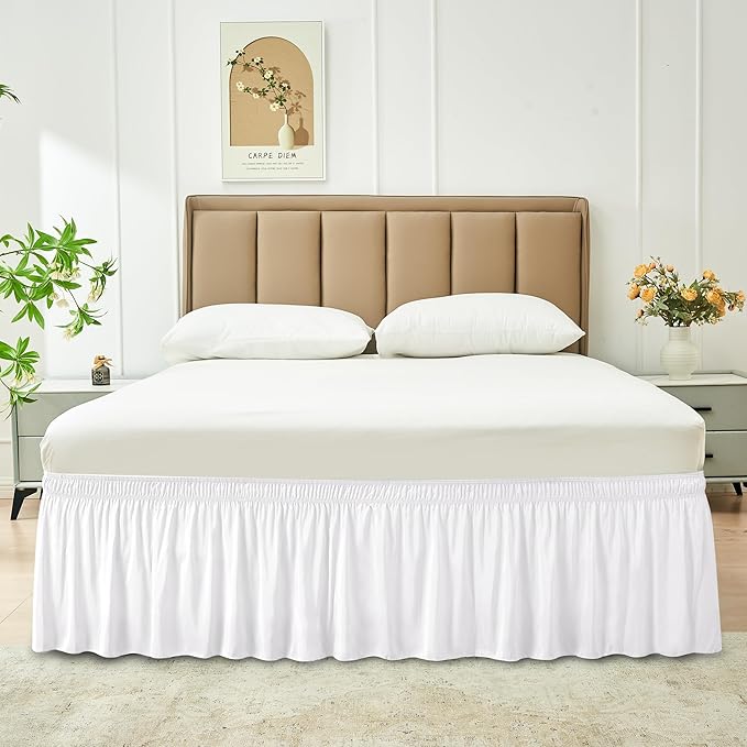 Biscaynebay Wrap Around Bed Skirts for Queen Beds 19" Long Drop, White Adjustable Elastic Dust Ruffles Easy Fit Wrinkle & Fade Resistant Silky Luxurious Fabric Solid Machine Washable