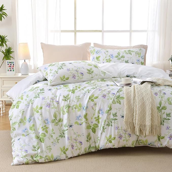 MUXHOMO Duvet Cover Queen Size, Reversible Floral Vintage Duvet Cover Set with Zipper Closure, 3 Pieces Botanical Patterns Soft Microfiber Bedding Set (90"x90", 2 Pillow Cases, Green Branch)