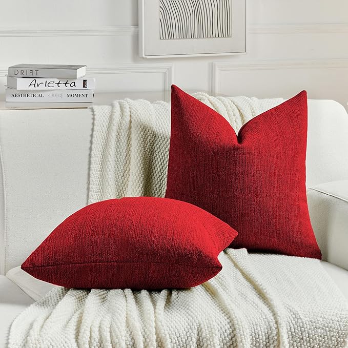 FUTEI Valentine's Day Red Chenille Decorative Throw Pillow Covers 24x24 Inch Set of 2,Soft Cozy Faux Linen Textured European Pillow Shams,Farmhouse Home Decor for Couch Living Room