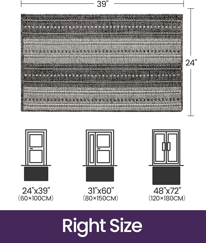 DEXI Dirt Trapper Door Mat, 24x39 Washable Doormat, Dirt Resistant and Absorbent, Easy Clean Low-Profile Floor Rugs for Entryway, Front Door, and Inside Entrance, Striped Grey