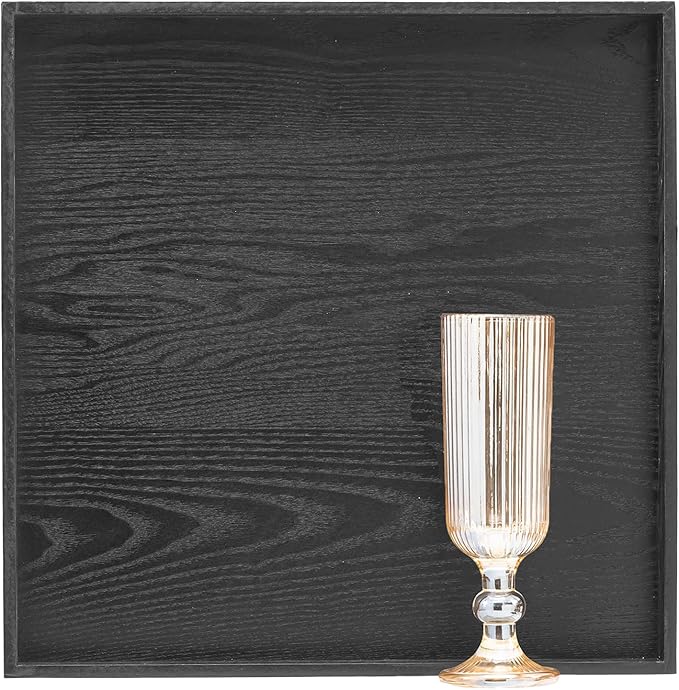 13 x 13 Inches Large Square Black Solid Wood Ottoman Tray, Serve Tea, Coffee or Breakfast in Bed, Classic Wooden Decorative Serving Tray with Raised Edges, Kitchen Party Bar Server Table Tray