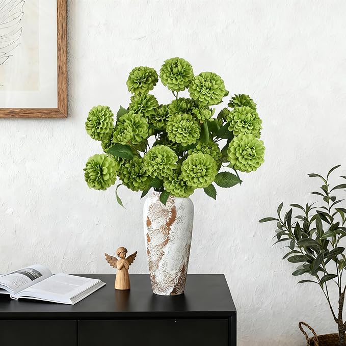 12Pcs Fake Artificial Pompon Mums Flowers Indoor with Long Stems Ball Chrysanthemum Faux Silk Flowers for Vase Floral Arrangement for Spring Home Decor Centerpieces for Table Kitchen Decoration
