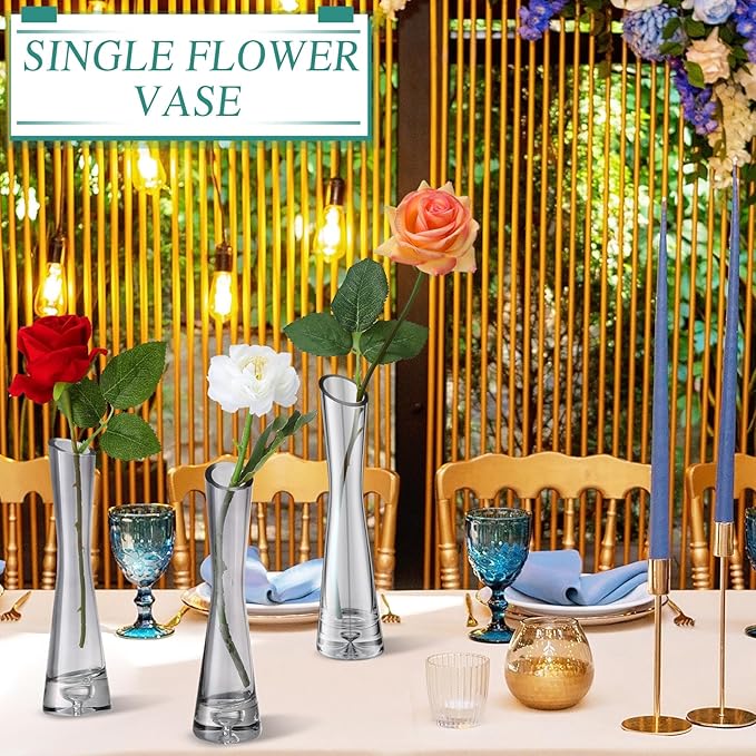 Lallisa 6 Pcs Glass Bud Vases for Centerpieces Maria Modern Clear Small Skinny Decorative Single Flower Bud Vase for Wedding Party Event Home Office Decoration(7.87 Inch,Grey)