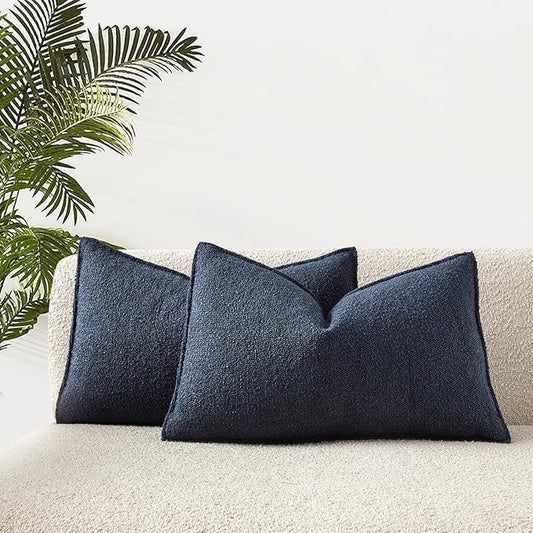 JUSPURBET 16x24 Pillow Covers Set of 2 Decorative Throw Pillow Covers Case for Couch Sofa Bed Soft Boucle Textured Lumbar Cushion Covers with Hidden Zipper for Home Decor Living Room,Navy Blue