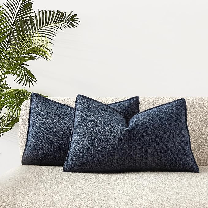 JUSPURBET 14x24 Pillow Covers Set of 2 Decorative Throw Pillow Covers Case for Couch Sofa Bed Soft Boucle Textured Lumbar Cushion Covers with Hidden Zipper for Home Decor Living Room,Navy Blue