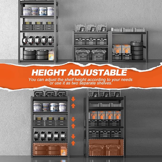 Metal Garage Shelving Unit with Pegboard, Heavy Duty 5-Tier Adjustable Industrial Storage Shelves, 3000 LBS Steel Storage Rack for Garage, Warehouse, Basement, 72"H x 47.2"W x 23.6"D, Black