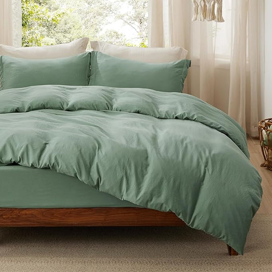 Bedsure Duvet Cover Full Size with Fitted Sheet - 4 Pieces Prewashed Cotton-Like Extra Soft Bedding Set, Includes 1 Duvet Cover 80x90 Inches, 2 Pillow Shams, 1 Fitted Sheet, Sage Green