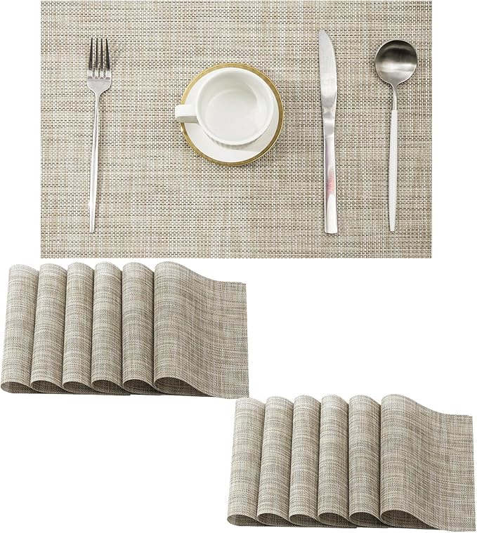 Leetaltree Linen Yellow Placemats Set of 12 - Heat Resistant Non-Slip Place mats for Dining Table, Washable Durable PVC Vinyl Woven Table Mats（Linen Yellow, 12）