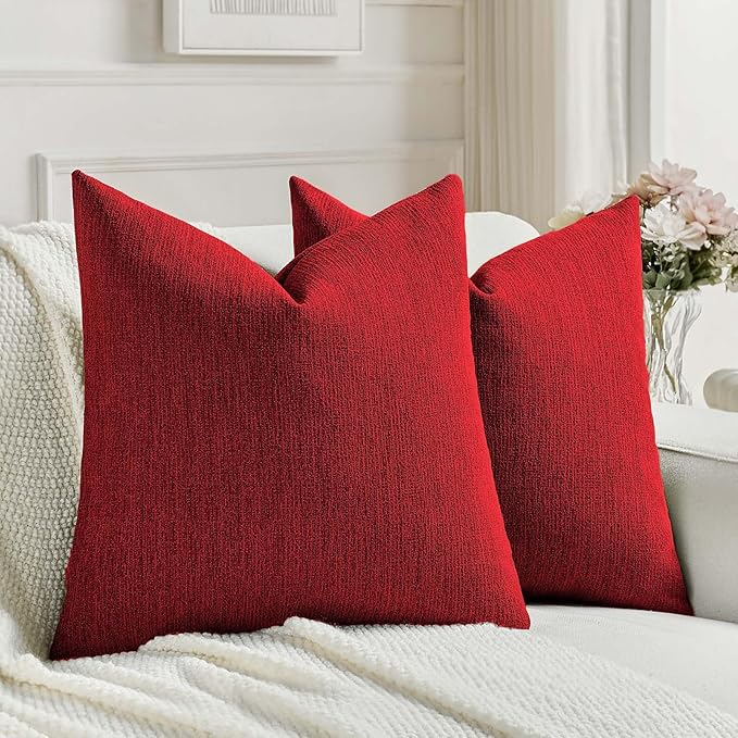 FUTEI Valentine's Day Red Chenille Decorative Throw Pillow Covers 20x20 Inch Set of 2,Soft Cozy Faux Linen Textured Cushion Case,Farmhouse Home Decor for Couch Living Room