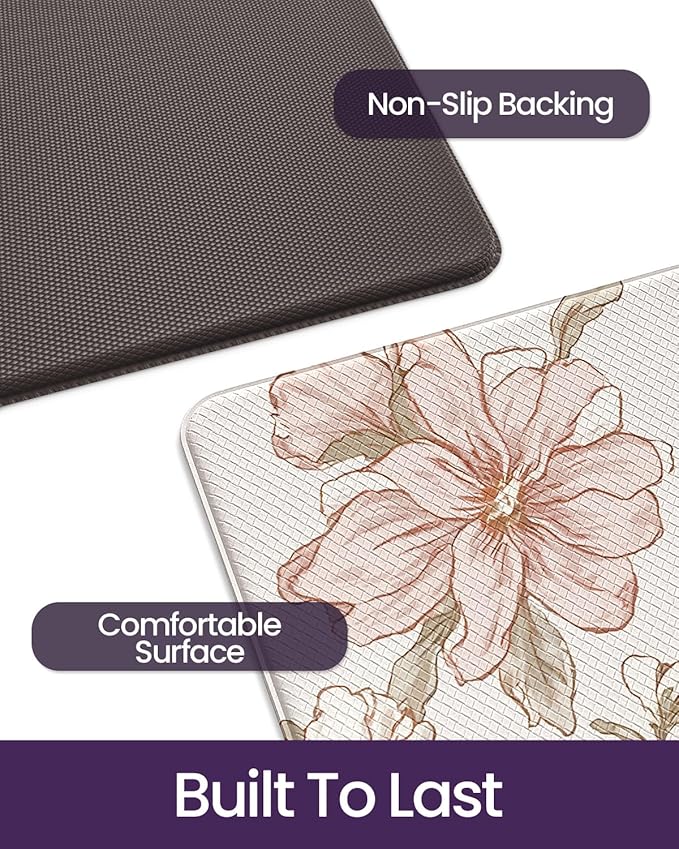 DEXI Kitchen Mats for Floor, 23x86, Cushioned Standing Mat Anti Fatigue, Wide Waterproof Comfort Floral Padded for Laundry Room Office, Pink