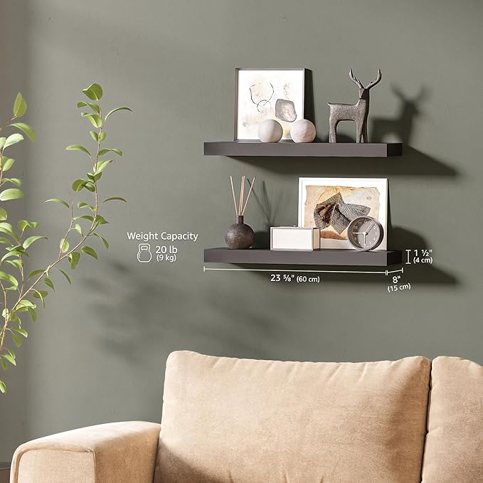 Ballucci Floating Shelves for Wall, 24" Wood Wall Shelf Set of 2, with Invisible Brackets for Bathroom, Living Room, Bedroom, Kitchen, Nursery, 8" Deep, Black