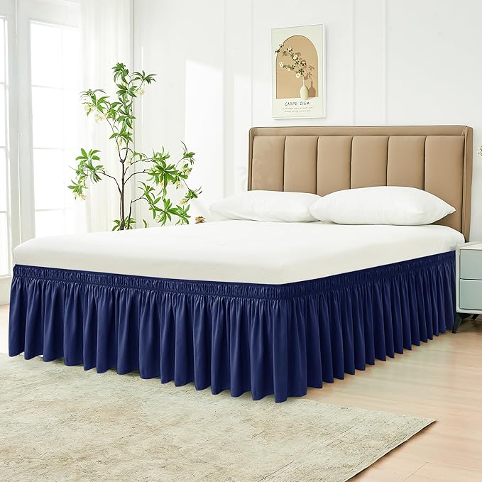 Biscaynebay Wrap Around Bed Skirts for Full & Full XL Beds 17" Long Drop, Navy Adjustable Elastic Dust Ruffles Easy Fit Wrinkle & Fade Resistant Silky Luxurious Fabric Solid Machine Washable