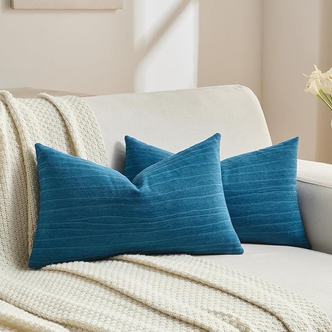 FUTEI Teal Chenille Decorative Throw Pillow Covers 12x20 Inch Set of 2,Soft Crushed Striped Texture Lumbar Pillow Cases,Modern Home Decor for Couch Bed Living Room