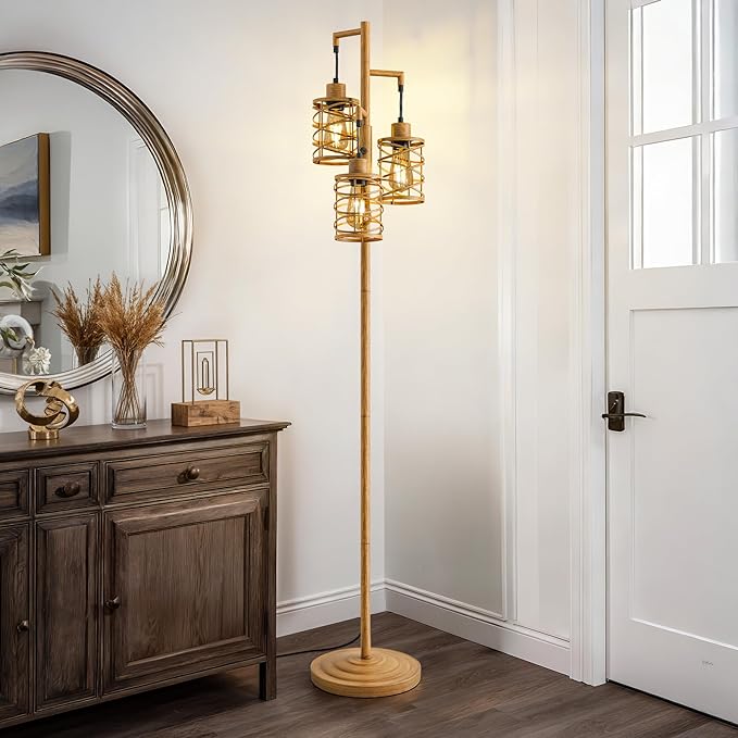 BOBOMOMO 70" Farmhouse Dimmable Floor Lamp, Light Wood Grain Industrial Metal Cage Standing Lamp with 3 LED Bulbs, Stepless Dimming Tall Tree Lamp for Living Room, Bedroom, Studio, Corner