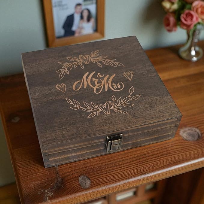 Mr and Mrs Wedding Memory Box- Wooden Keepsake Box with Lid for Couples, Rustic Storage Box for Cards, Photos & Mementos, Valentine’s Day, Wedding Anniversary & Engagement Gift- 8.5 x 8 x 2.4 Inches