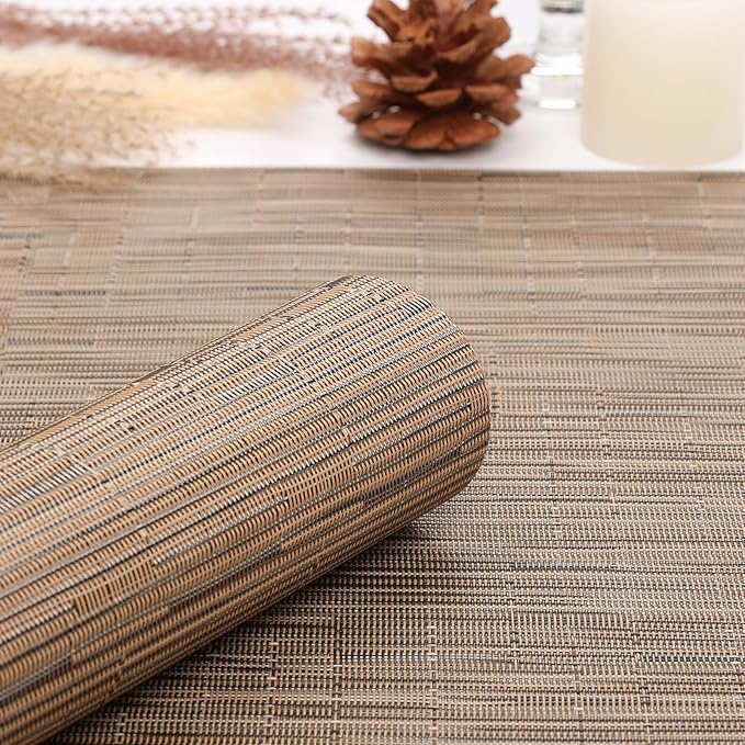 Myir JUN Placemats Set of 6, Vinyl Woven Placemats Place Mats Indoor Washable Table Mats Non-Slip Place mats for Dining Table (Light Brown, Set of 6)