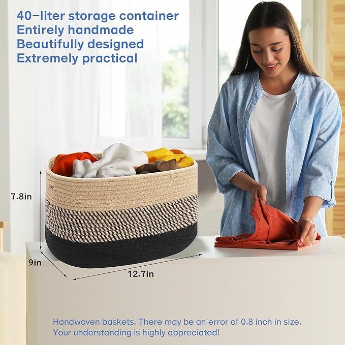 4 Pack Woven Storage Baskets for Organizing - Cotton Rope Baskets for Closet, Toys, Books, Towels, Durable Storage Bins for Shelves, Living Room, Bedroom, 12.7''Lx9''Wx7.8''H (Brown, 12.7")
