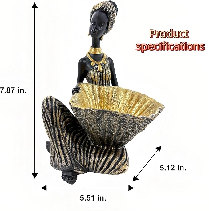 African Woman Sitting Statue with Small Decorative Bowl – Resin Figurine, Black and Gold African Sculpture, Jewelry Holder Dish, African Home Decor Gift