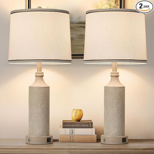 AIDENOEY 27.5" H 3-Way Dimmable Touch Control Table Lamp with USB A+C Ports, Vintage Washed White Finish Resin Bedside Farmhouse Table Lamp Set of 2，for Living Room，Bedroom，Office