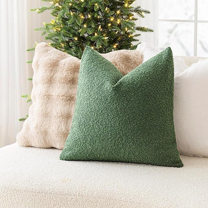 Foindtower Decorative Textured Boucle Throw Pillow Covers Accent Solid Pillow Cases Neutral Soft Cozy Couch Cushion Case for Chair Sofa Bedroom Living Room Home Decor 24 x 24 Inch,Hunter Green