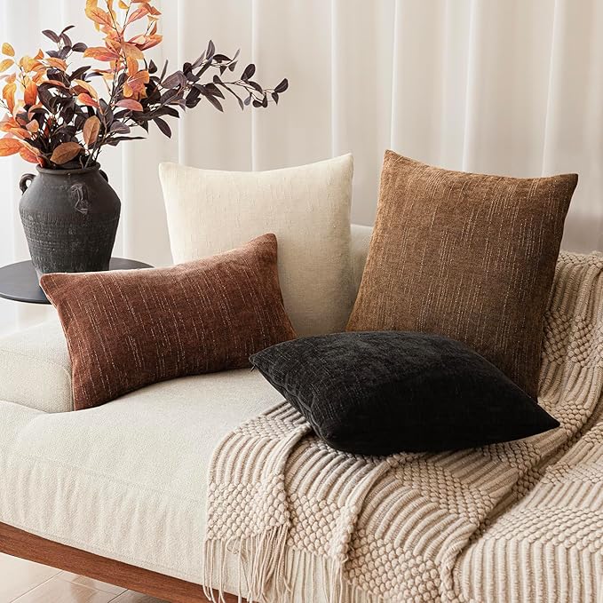 Foindtower Set of 2 Soft Textured Chenille Throw Decorative Pillow Covers Square Accent Solid Cushion Cover Cozy Neutral Farmhouse Pillow Case for Couch Sofa Bedroom Living Room 20x20 Inch,Dark Bronze