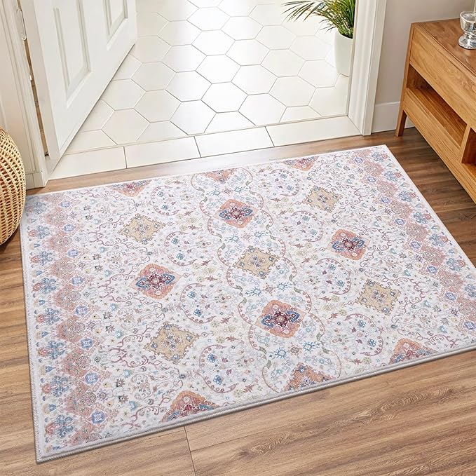 Vanmoos 2x3 Washable Area Rug – Soft, Non-Slip Entrance Rug, Durable Indoor Door mat, Floor Carpet for High-Traffic Areas, Entryway, Kitchen, and Bedside, Charm/Beige