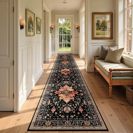 RELEANY Area Rugs 2'6''x10' Washable Non-Slip, Floral Vintage Distress Print Pattern Medallion Carpet for Living Room Bedroom Dining Room, Black Colorful Floral Dark Tan