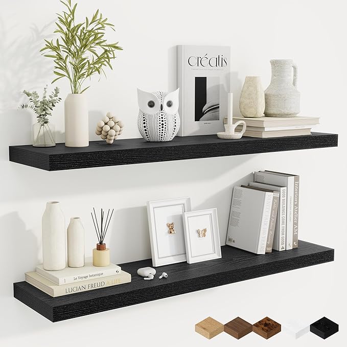 Fun Memories 40 Inch Black Floating Shelves, 9.3 Inch Deep Wall Shelves for Living Room|Bedroom|Kitchen, Rusitc Wall Mounted Bathroom Shelves 2 Pack, Heavy-Duty Deep Shelf for Books，Decor
