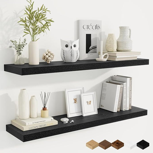 Fun Memories 40 Inch Black Floating Shelves, 9.3 Inch Deep Wall Shelves for Living Room|Bedroom|Kitchen, Rusitc Wall Mounted Bathroom Shelves 2 Pack, Heavy-Duty Deep Shelf for Books，Decor