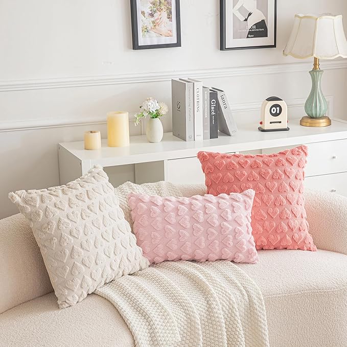 AQOTHES Set of 2 Heart Love Cute Beige Decorative Valentines Throw Pillow Covers 18x18, Soft Plush Faux Fur Pillow Covers for Couch Sofa Home Valentines Day Decoration