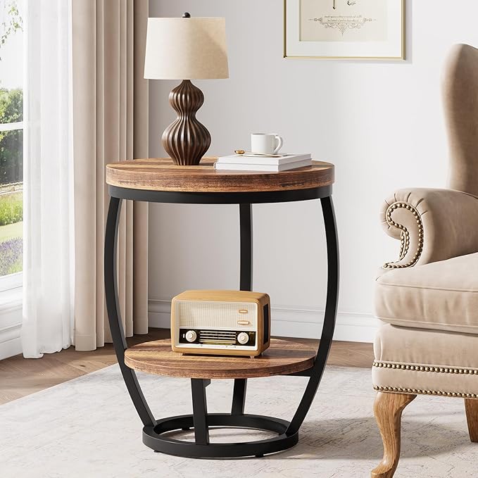 Round End Table, 2 Tier Industrial Side Table, Nightstand with Metal Frame, Accent Bedside Table with Storage Shelves for Living Room, Bedroom, Small Spaces, Rustic Brown & Black