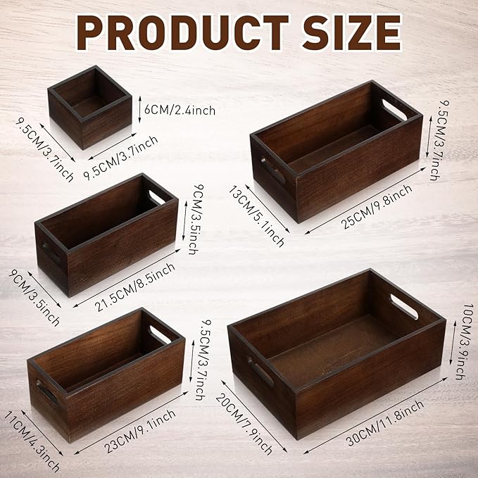 Set of 6 Wood Storage Boxes with Handles Wooden Nesting Crates Rustic Farmhouse Storage Container for DIY Crafts Party Home Table Decoration Display(Brown)