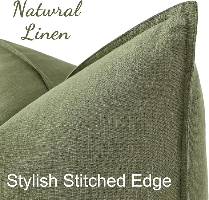 decorUhome Spring Decorative Linen Euro Sham Throw Pillow Covers 24x24 Inch Set of 2 Olive Green Pillow Covers with Flange Edges Soft Farmhouse Boho Accent Pillow Cases for Couch Bed Living Room