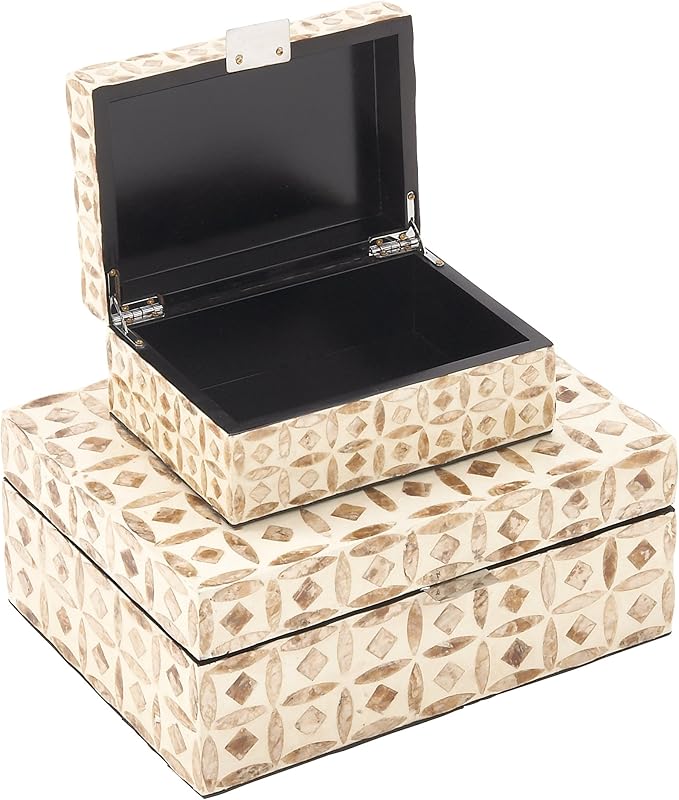 Deco 79 Mother of Pearl Shell Decorative Box Mosaic Storage Decorative Keepsake Boxes with Taupe Accents, Set of 2 Storage Boxes 12", 8"W, Beige