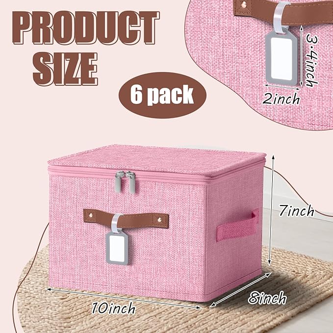 6 Pack Fabric Storage Bins with Lids and Label, 10×8×7Inch Foldable Cotton Linen Cute Storage Boxes with PU Leather Handles for Closet, Bedroom, Shelf, Nursery, Pink