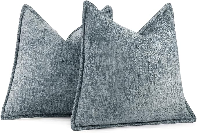 DEZENE Pack of 2 Dusty Blue Decorative Throw Pillow Covers 16x16 Cozy Soft Chenille Accent Vintage Square Couch Pillow Covers for Home Decor Bed Sofa Living Room