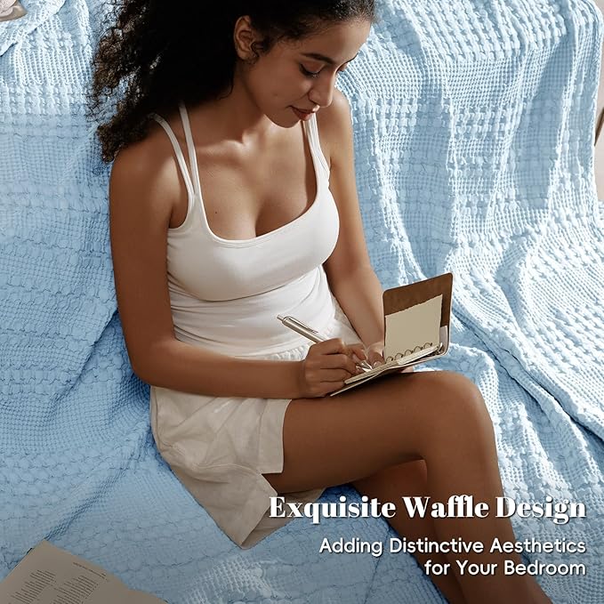PHF 100% Cotton Waffle Weave Blanket Queen Size for Bed, Soft Lightweight & Breathable, All-Season Comfort, 300 GSM Luxury Aesthetic Blanket for Home Decor, 90"x90", Baby Blue