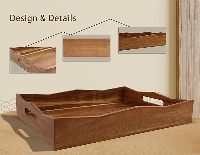Acacia Wood Serving Tray with Handles,16.5x12.6inch Perfect for Breakfast, Lunch, Dinner, Food Snacks Drinks for Coffee Table,Decorative Ottoman Tray for Living Room Kitchen, Bedroom