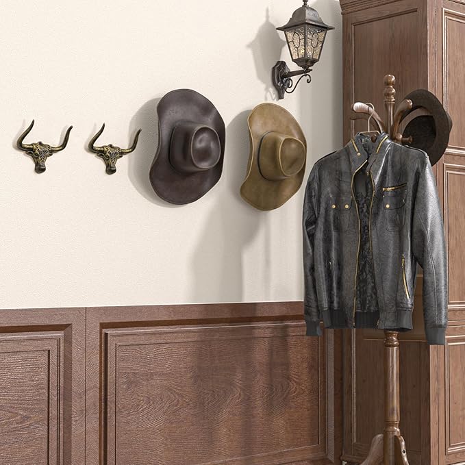 Cowboy Hat Rack 4 Pack Cast Iron Cowboy Hat Holder Cowgirl Hat Hanger Western Wall Decor Longhorn Decorative Wall Hooks for Storage and Organization at Closet Bedroom Antique Gold