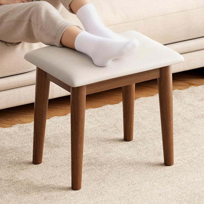 Solid Wood Foot Stool, Upholstered Ottoman Foot Rest for Couch, Padded Footstool, Leg Rest for Chair, Small Bench for Entryway, Cushioned Vanity Stool for Bedroom, Living Room, Walnut