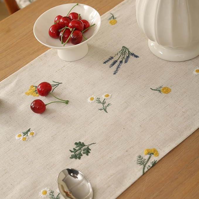 Boho Daisy Embroidered Linen Table Runner with Tassels - Set of 1 Runner & 2 Placemats - 12x36 Inches - Flax Beige - for Farmhouse Dining Table, Buffet, Nightstand Decor - Home & Commercial Use